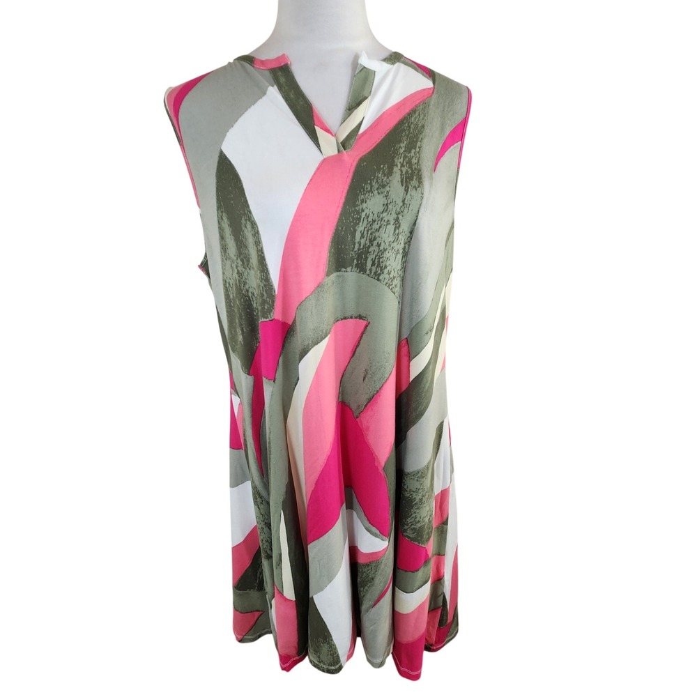 Chico's 2 Abstract Print V-Neck Shift Dress Pink Green White Resortwear Artsy L